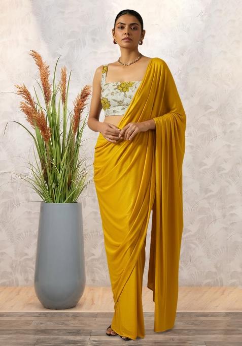 Yellow Floral Print Tissue Pre Draped Saree Set
