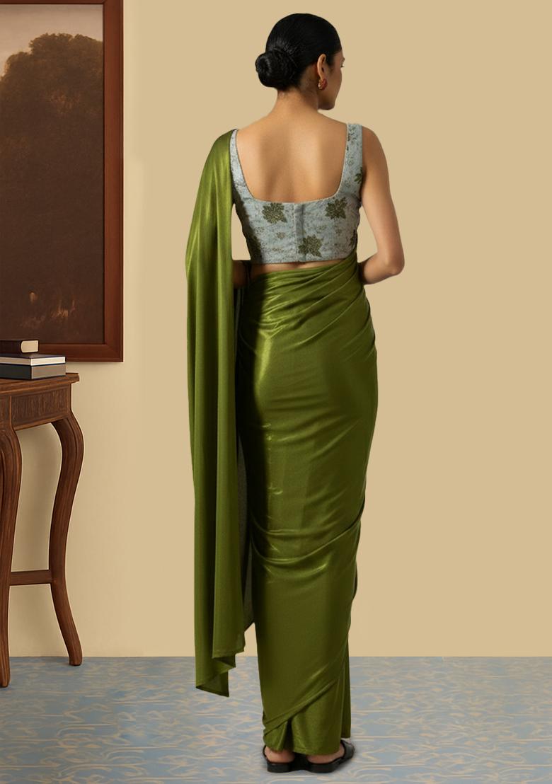 Olive Green Floral Print Tissue Pre Draped Saree Set - Indya