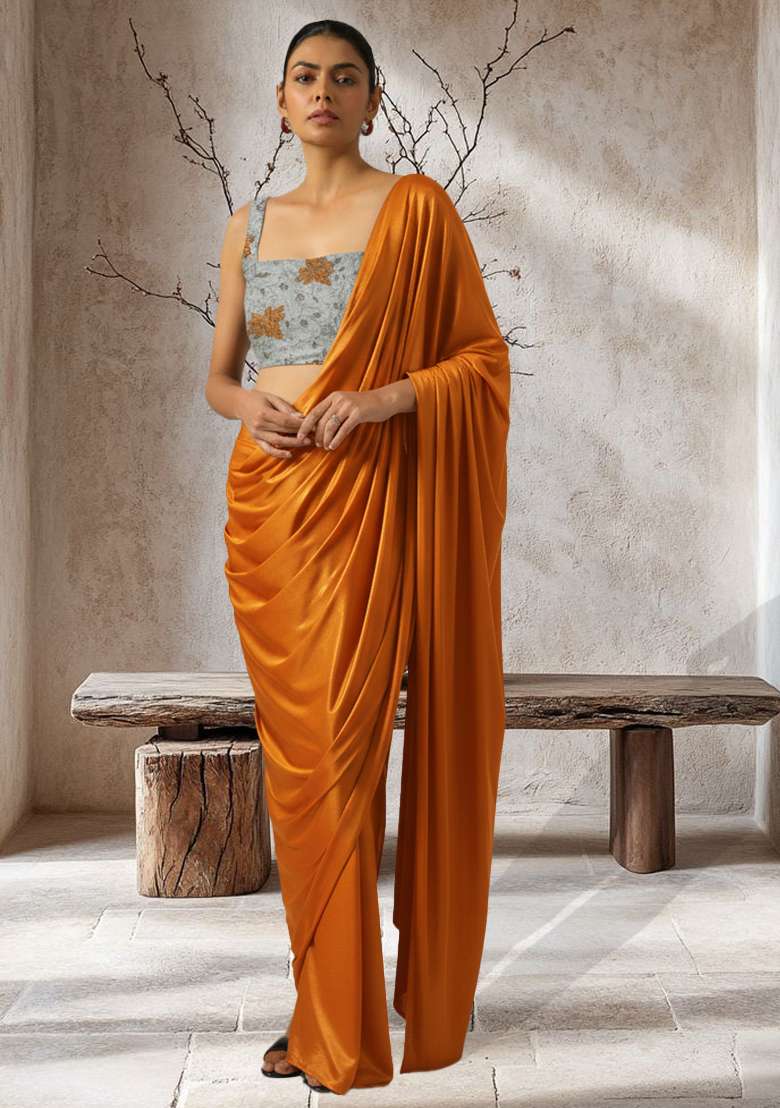 Orange Floral Print Tissue Pre Draped Saree Set - Indya