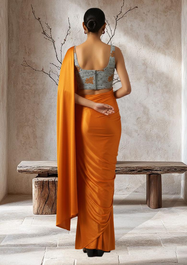Orange Floral Print Tissue Pre Draped Saree Set - Indya