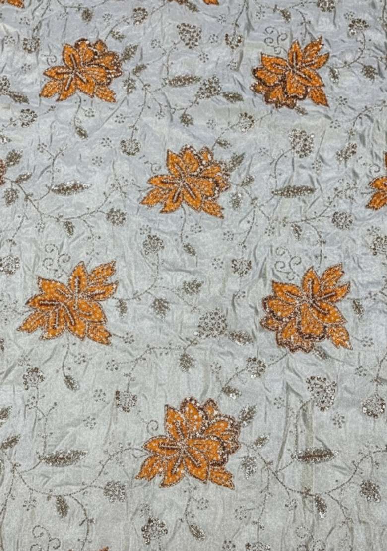 Orange Floral Print Tissue Pre Draped Saree Set - Indya