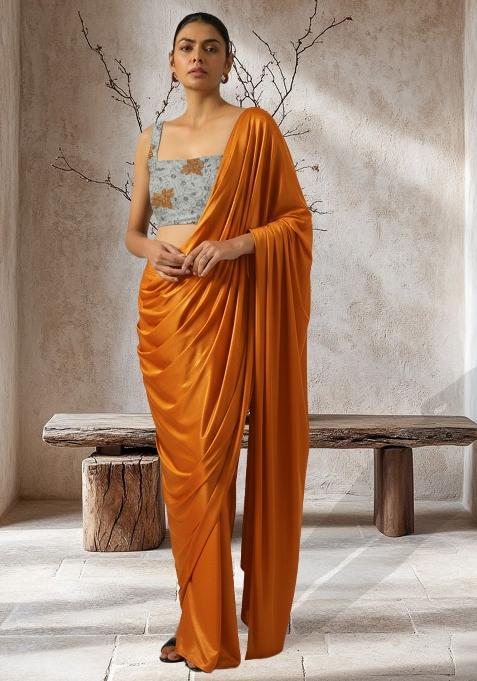Orange Floral Print Tissue Pre Draped Saree Set