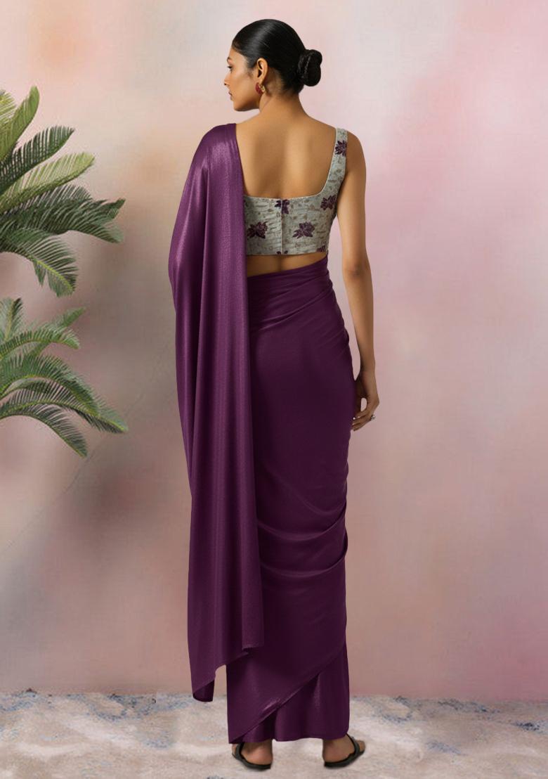 Purple Floral Print Tissue Pre Draped Saree Set - Indya