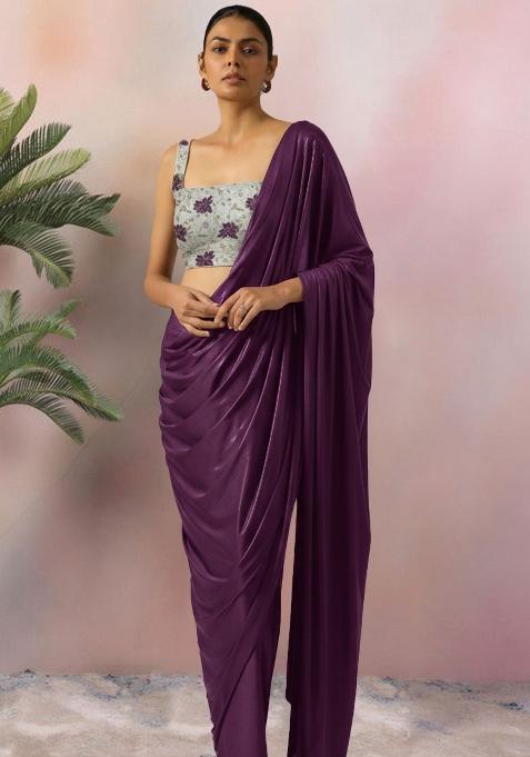 Purple Floral Print Tissue Pre Draped Saree Set
