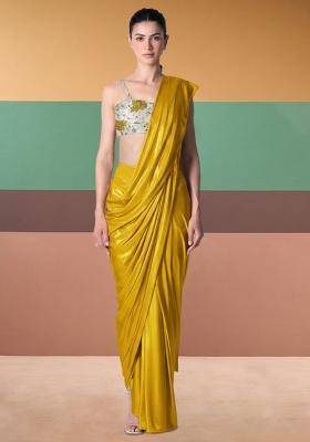 Yellow Floral Print Tissue Pre Draped Saree Set