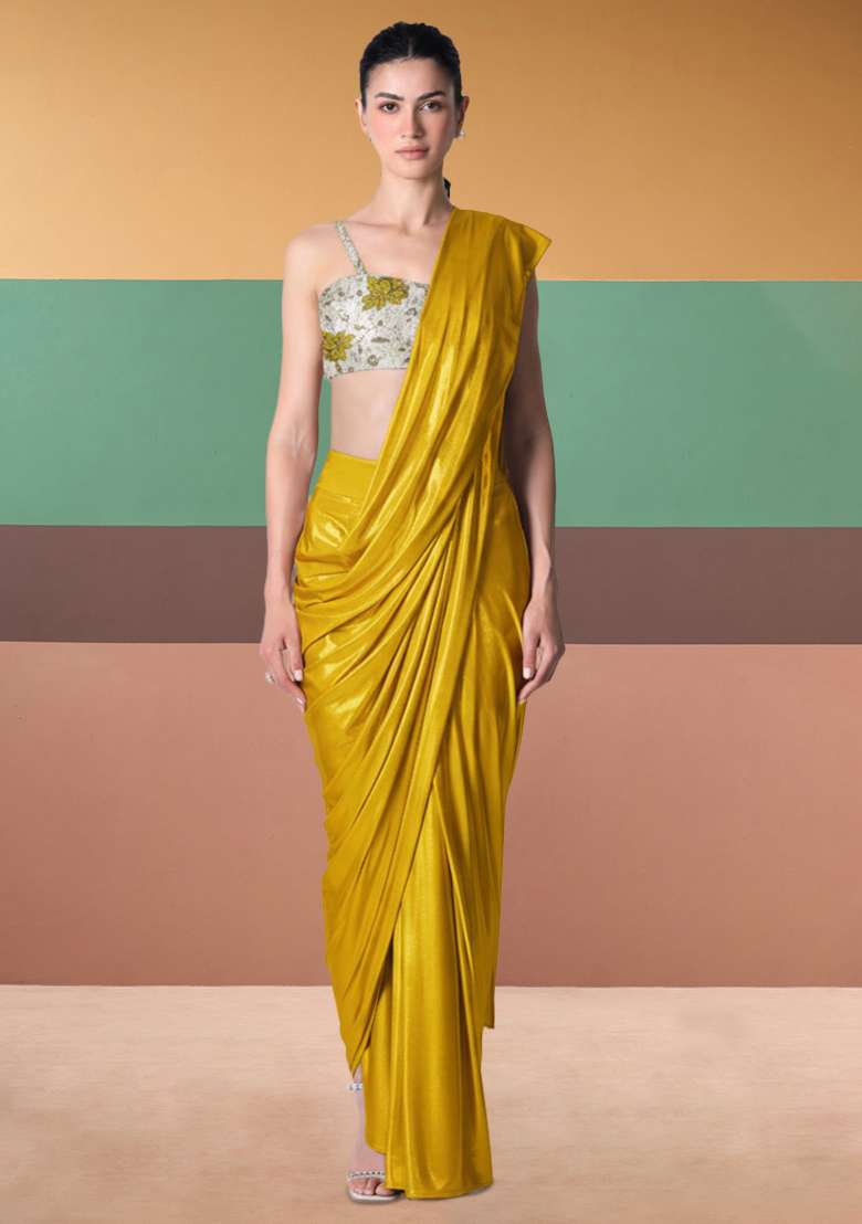 Yellow Floral Print Tissue Pre Draped Saree Set - Indya