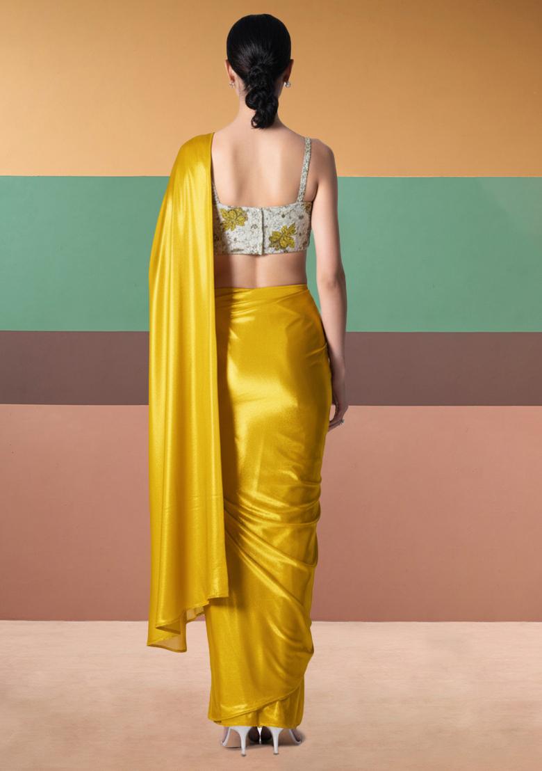 Yellow Floral Print Tissue Pre Draped Saree Set - Indya