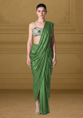 Green Floral Print Tissue Pre Draped Saree Set