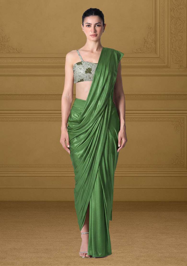 Green Floral Print Tissue Pre Draped Saree Set - Indya