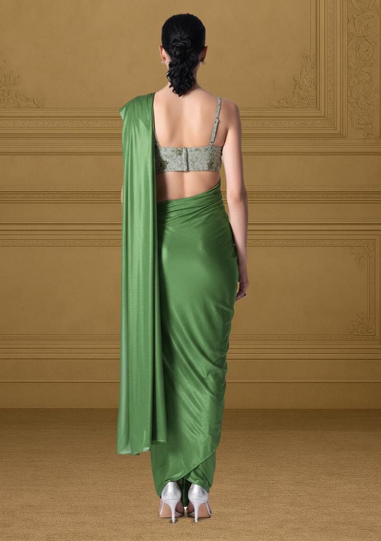 Green Floral Print Tissue Pre Draped Saree Set - Indya