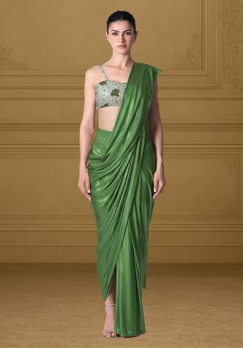 Green Floral Print Tissue Pre Draped Saree Set