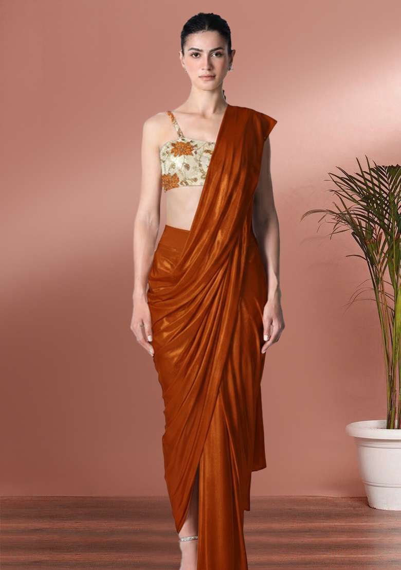 Brown Floral Print Tissue Pre Draped Saree Set - Indya