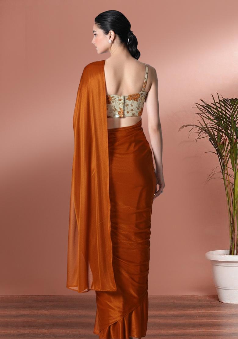 Brown Floral Print Tissue Pre Draped Saree Set - Indya