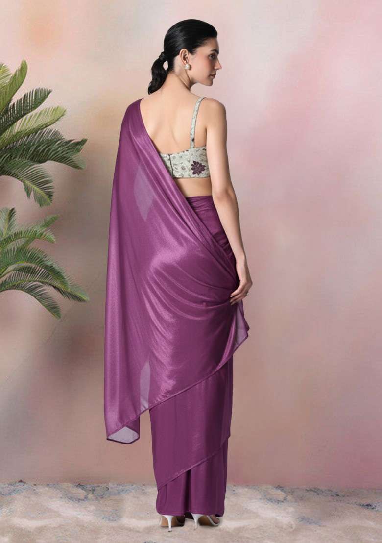 Purple Floral Print Tissue Pre Draped Saree Set - Indya