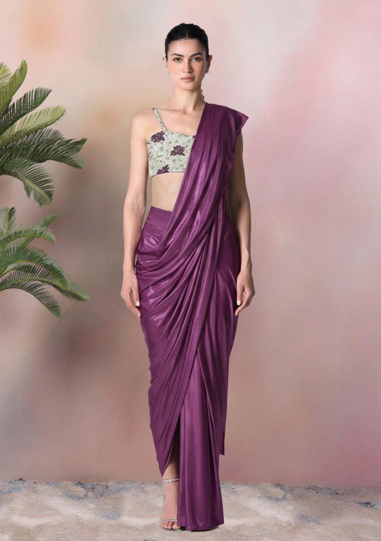 Purple Floral Print Tissue Pre Draped Saree Set - Indya