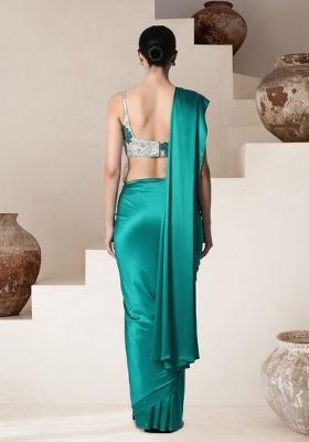 Blue Floral Print Tissue Pre Draped Saree Set