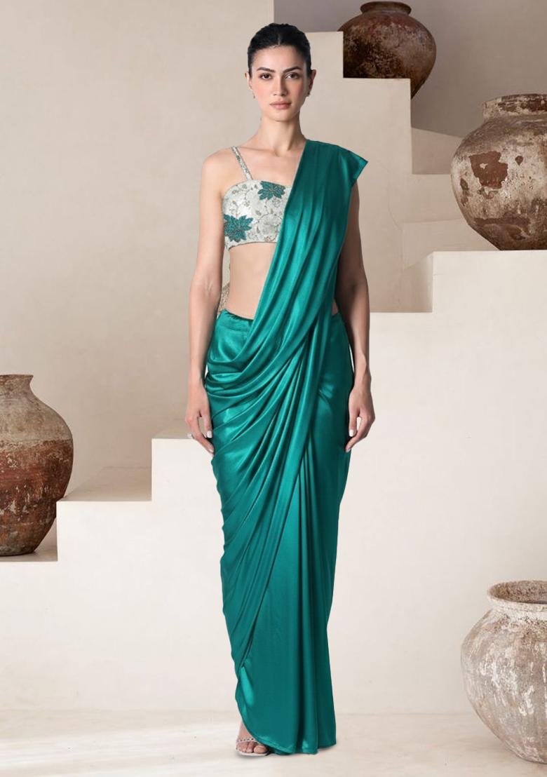 Blue Floral Print Tissue Pre Draped Saree Set - Indya