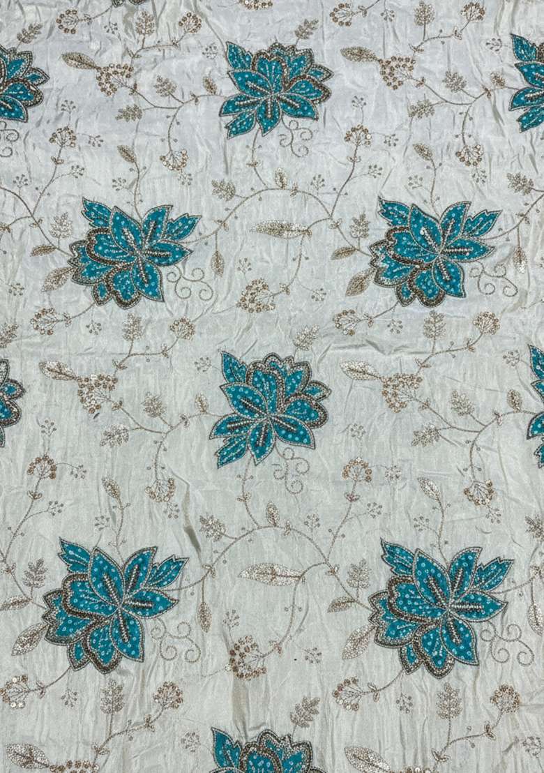 Blue Floral Print Tissue Pre Draped Saree Set - Indya