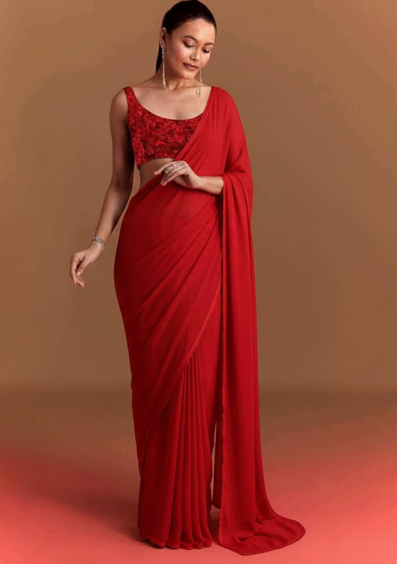 Red Embroidered Net Pre Draped Saree Set - Indya