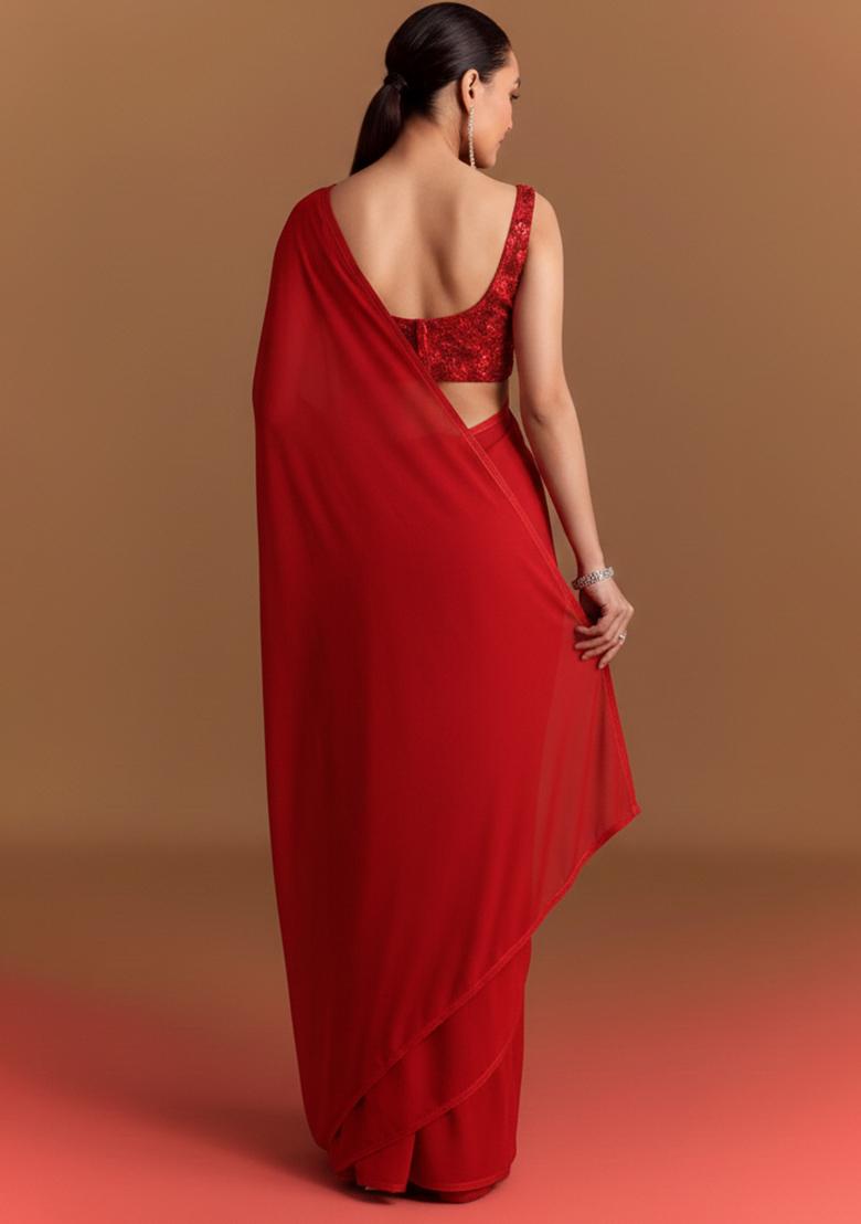 Red Embroidered Net Pre Draped Saree Set - Indya