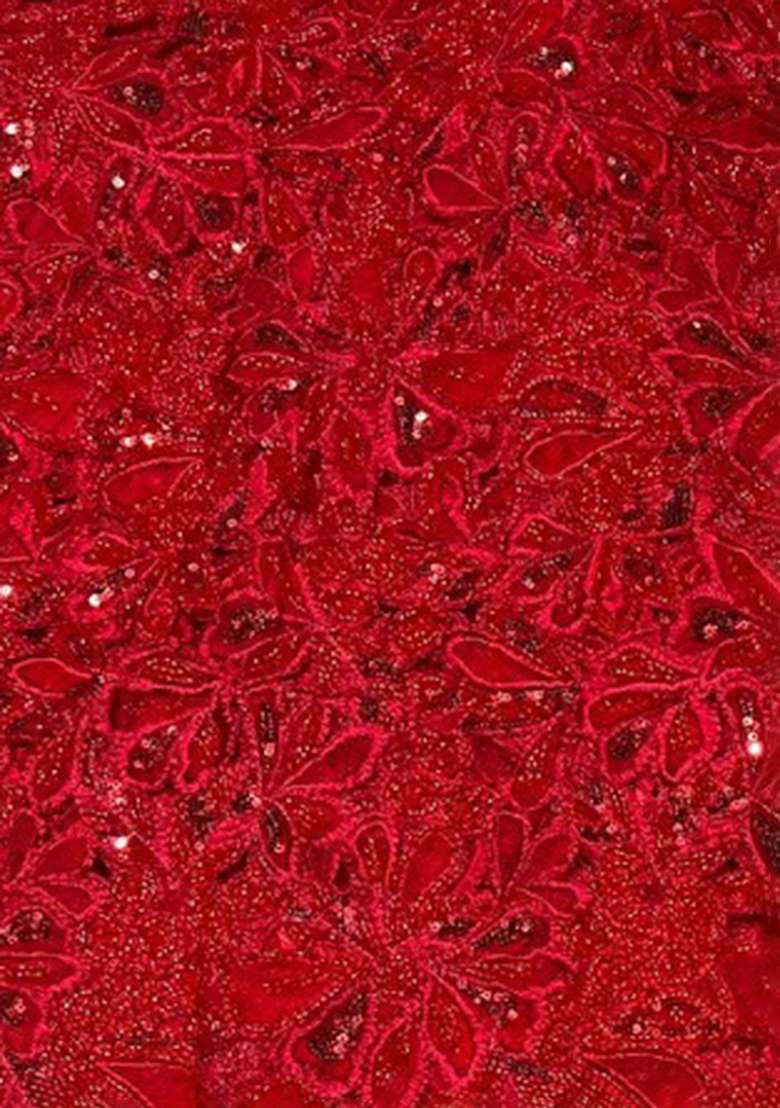 Red Embroidered Net Pre Draped Saree Set - Indya