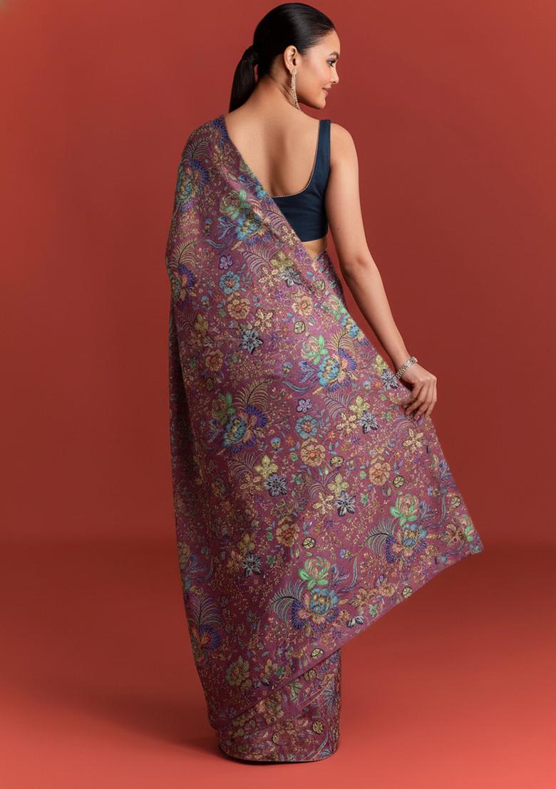 Purple Floral Print Chinon Pre Draped Saree Set - Indya