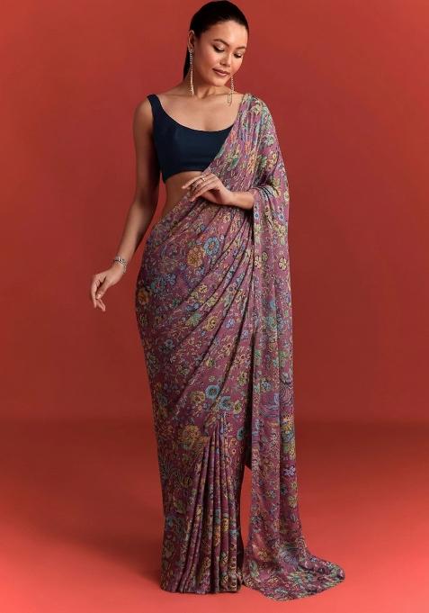 Purple Floral Print Chinon Pre Draped Saree Set