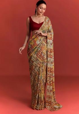 Maroon Figure Print Chinon Pre Draped Saree Set