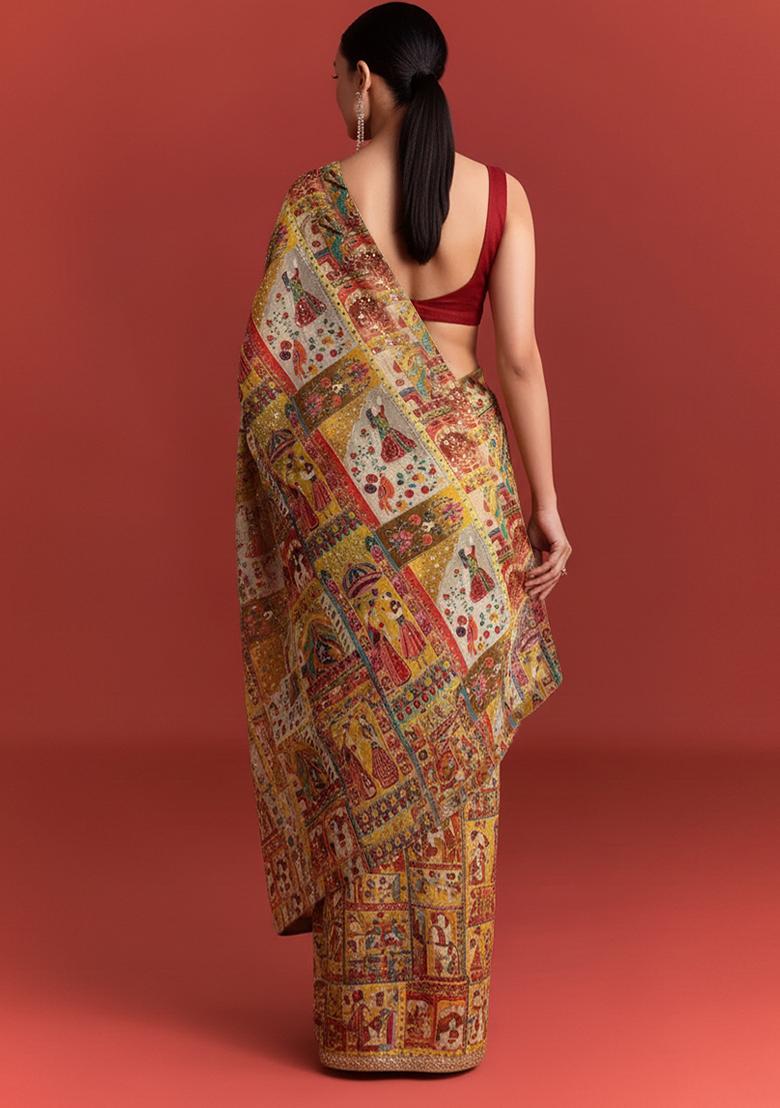 Maroon Figure Print Chinon Pre Draped Saree Set - Indya