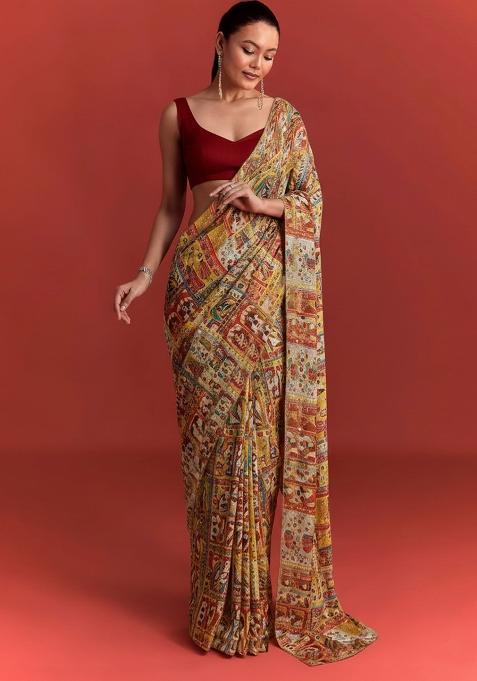 Maroon Figure Print Chinon Pre Draped Saree Set