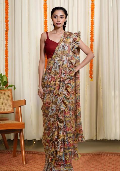 Maroon Figure Print Chinon Pre Draped Saree Set