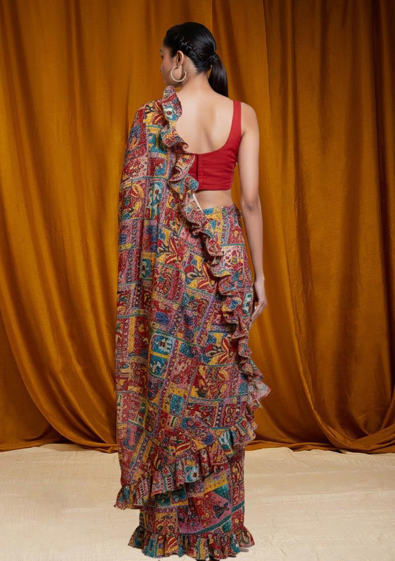 Blue Figure Print Chinon Pre Draped Saree Set - Indya