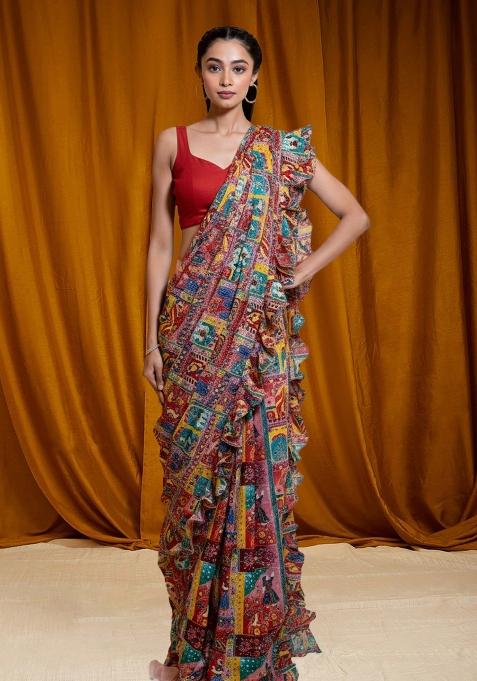 Blue Figure Print Chinon Pre Draped Saree Set