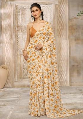 Yellow Floral Print Crepe Pre Draped Saree Set