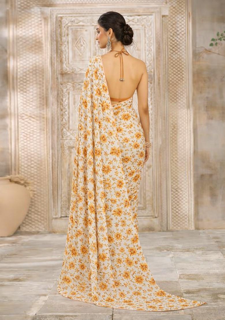 Yellow Floral Print Crepe Pre Draped Saree Set - Indya