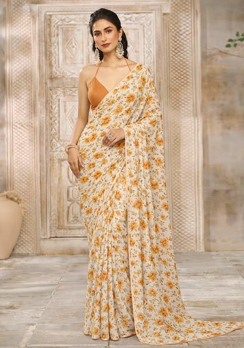 Yellow Floral Print Crepe Pre Draped Saree Set