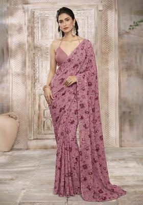 Pink Floral Print Crepe Pre Draped Saree Set