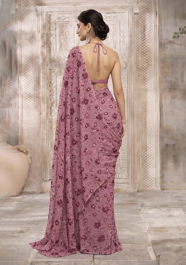 Pink Floral Print Crepe Pre Draped Saree Set - Indya