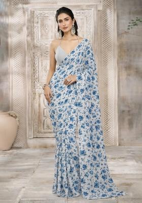 White Floral Print Crepe Pre Draped Saree Set