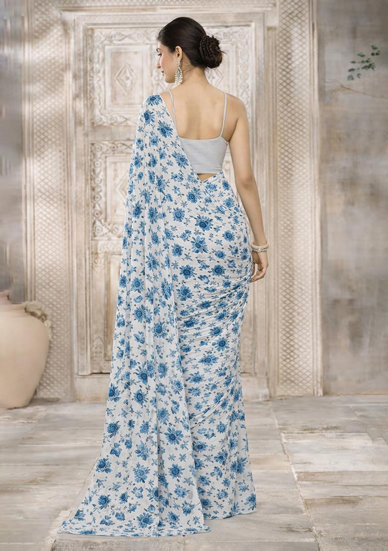 White Floral Print Crepe Pre Draped Saree Set - Indya