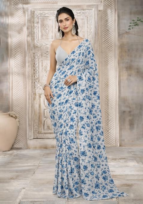 White Floral Print Crepe Pre Draped Saree Set