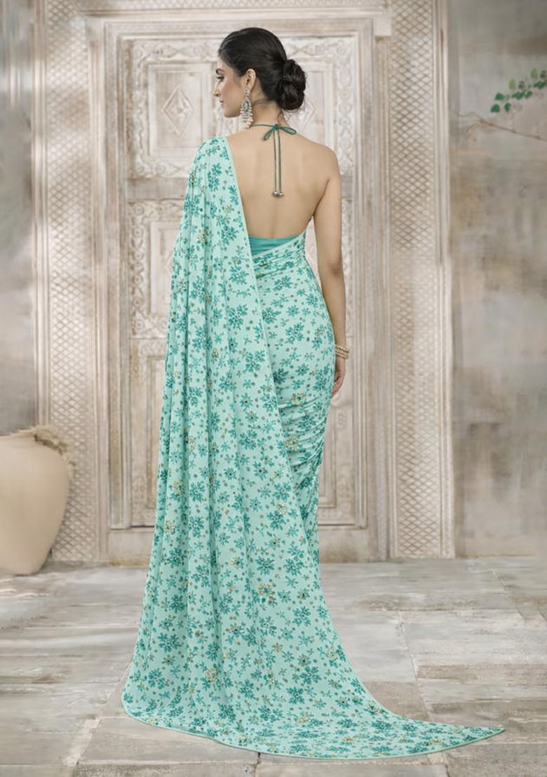 Mint Green Floral Print Crepe Pre Draped Saree Set - Indya
