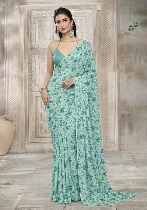 Mint Green Floral Print Crepe Pre Draped Saree Set