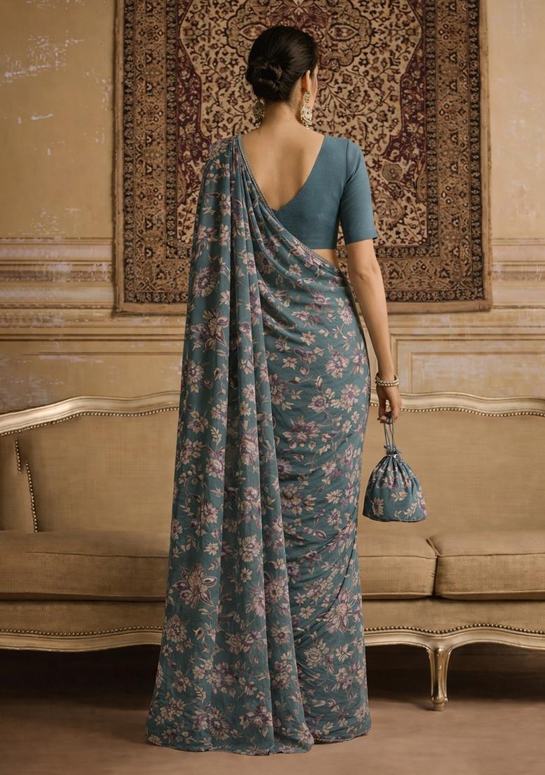 Pastle Blue Floral Print Crepe Pre Draped Saree Set - Indya