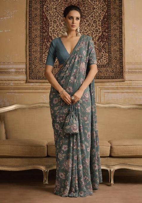 Pastle Blue Floral Print Crepe Pre Draped Saree Set