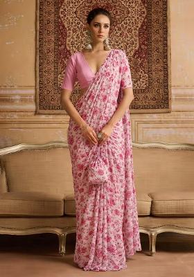 Pink Floral Print Crepe Pre Draped Saree Set
