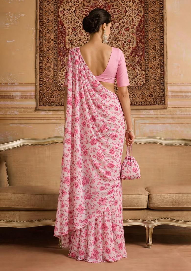 Pink Floral Print Crepe Pre Draped Saree Set - Indya