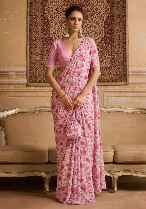 Pink Floral Print Crepe Pre Draped Saree Set