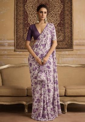 Purple Floral Print Crepe Pre Draped Saree Set