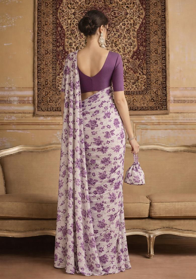 Purple Floral Print Crepe Pre Draped Saree Set - Indya